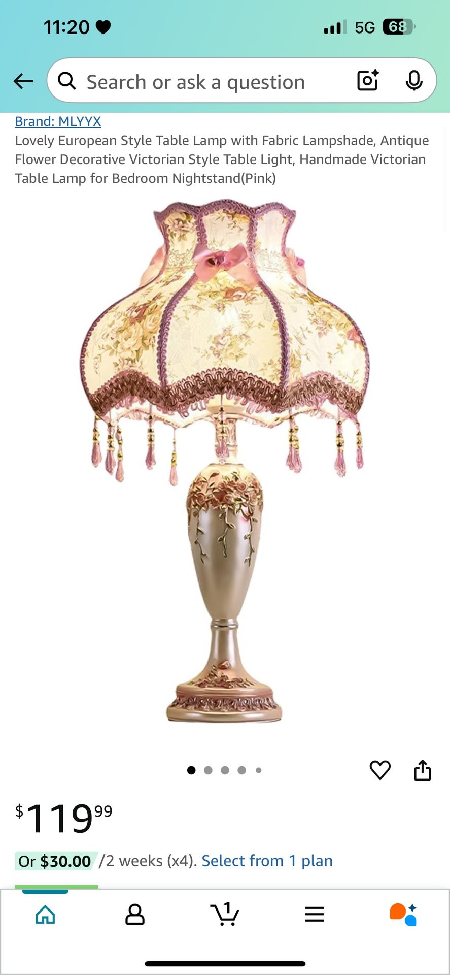 Lovely European Style Table Lamp with Fabric Lampshade, Antique