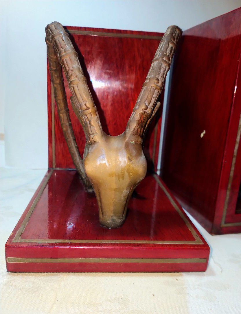 Vintage Solid Brass and Wood Ibex Bookends