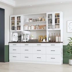 White Walnut Top Wood 94.5 in. W Sideboard Cabinet with 12-Drawers, 6-Open Shelves and White Thickened Large Tabletop