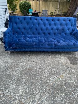 Modern Blue Velvet Tufted Sofa with Nailhead Trim ( 77 inch long x 30 inch wide