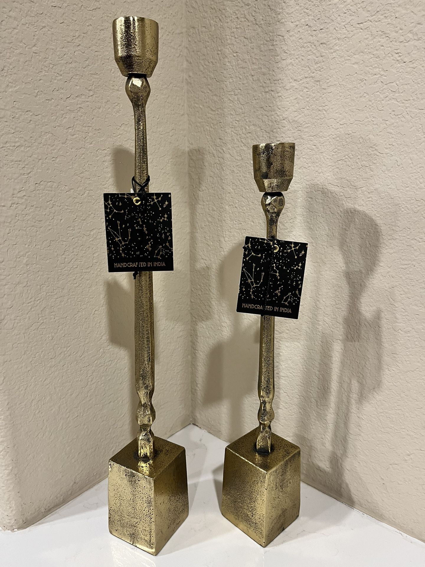2-NWT HANDCRAFTED GOLD/BRASS PILLAR CANDLE HOLDER