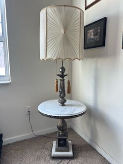 Vintage Hollywood Regency Style Marble-Top Lamp Table with Tassel Shade