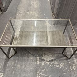 RUSTIC METAL AND BEVELED EDGE GLASS TOP COFFEE TABLE WITH WOODEN SHELF UNDERNEATH!