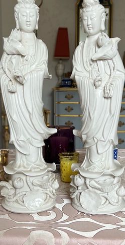 Pair of White Porcelain Guanyin Figurines