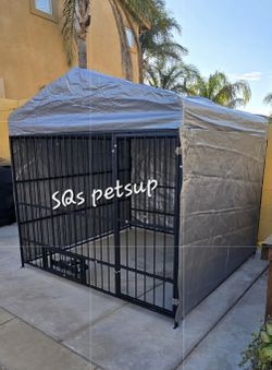 Brand New In box Large heavy duty iron dog kennel all weather wrap around tarp, feed door & bowls reinforced bars dog cage Corral de mascota