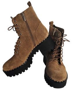 Vince Camuto Suede Combat Boots Women 7.5 Platform Lug Sole Lace Up Zip Brown