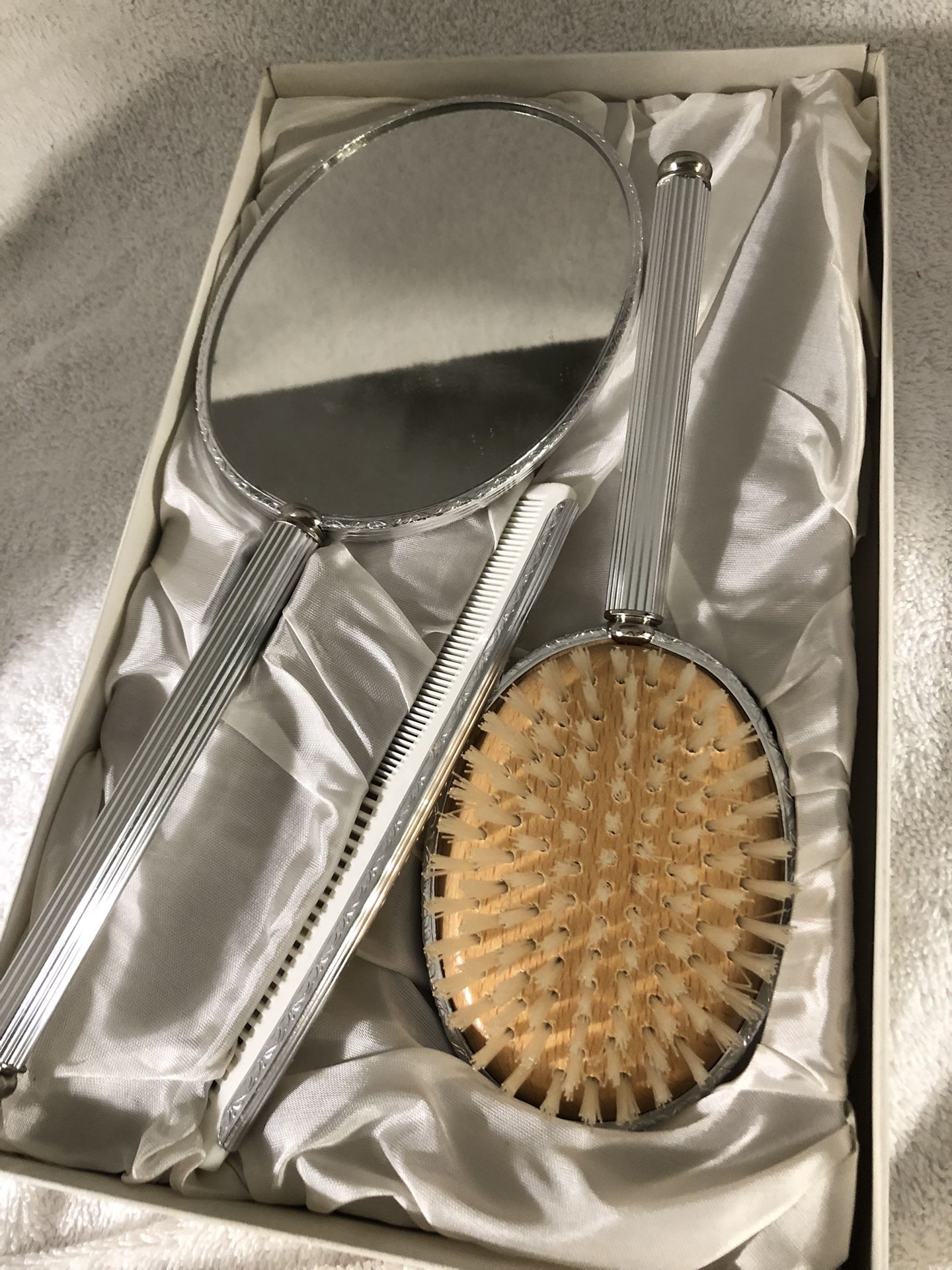 Vintage Silver Tone Mirror, Comb & Brush With Wooden Base For Bristles Vanity Grooming Set