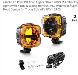 4 Inch LED Pods Off Road Lights, 90W 12000LM Amber Fog Lights with X DRL & Wiring Harness, IP67 Waterproof Spot Flood Combo for Trucks SUV ATV UTV - 2