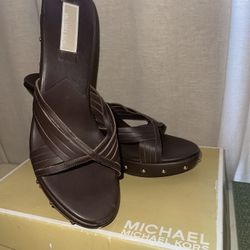 Brand New Michael Kors Boho Platform Mules In Brown Leather With Gold Studs- Size 10