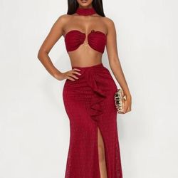 Fashion Nova Burgundy Two-Piece Maxi Set Size: XS