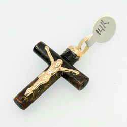 Antique 14k Yellow Gold Jesus On Precious Wood Crusifix