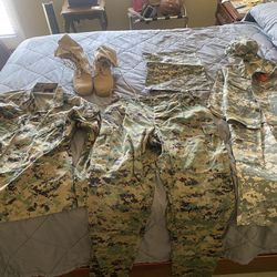 Marine Camouflage Size Medium Regular Shirt And Pants & Kids Size 6 Shirt ,pants Cap Backpack & New Mens Army Boots Size 10 All $100