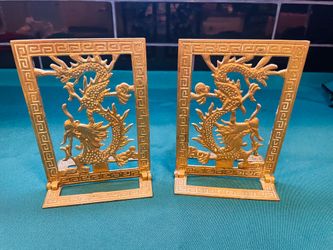 Vintage stunning solid brass folding dragon motif bookends with Greek Key edging