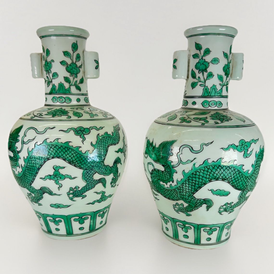 Chinese Pair Xuande Mark Porcelain Dragon Double Ear Bottle Vase Republic Period