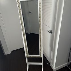 White Standing Mirrored Jewelry Cabinet with Storage (Full-Length)