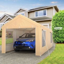 10x20ft Carport, Reinforced Steel Poles with Removable Sidewalls and Doors, Roll-Up Windows