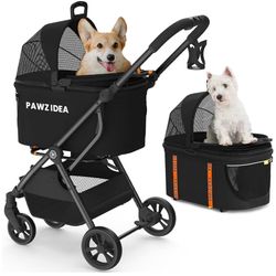 PAWZIDEA Pet Stroller 4 in 1, Dog Strollers for Small/Medium Dogs/Cats with Detachable Carrier NO-Zip Canopy, Seatbelt Puppy Car Seat Combo, Foldable 
