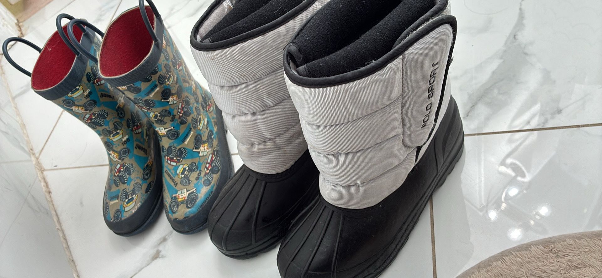 Snow boots kids size 1 and rain boots size 12