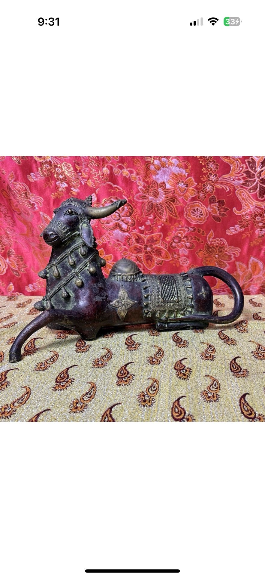 Antique Bronze Indian Tribal Bastar Seated Nandi Cow Divine Bull Unique Figure