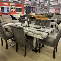 Dark Brown/Beige Rectangle Table and 6 Mocha Dining Chairs