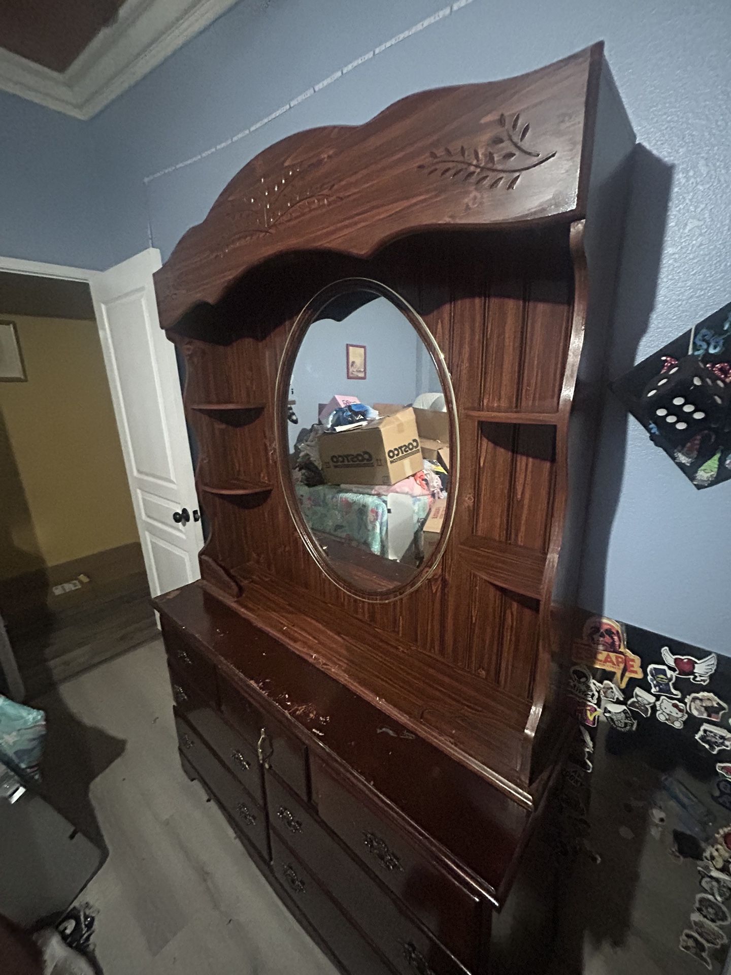 Wooden Dresser with Mirror and Shelves