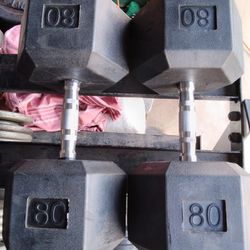 Pair Of 80 Lb Rubber Hex Dumbbells 160 Lb Total Weight