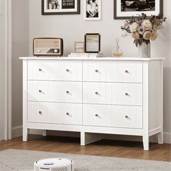6 Drawer Double White Dresser for Bedroom, Modern Dresser Wood Storage Cabinet w