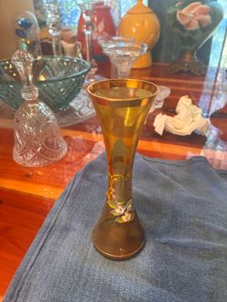 Amber Glass Bud Vase with Hand-Painted Flowers