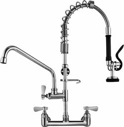 Commercial Kitchen Faucet Wall Mount with Pre-Rinse Sprayer 27" Height 8 Inch Center Wall Mount Sink Faucet, 12" Swing Spout, Coiled Spring Pull Down