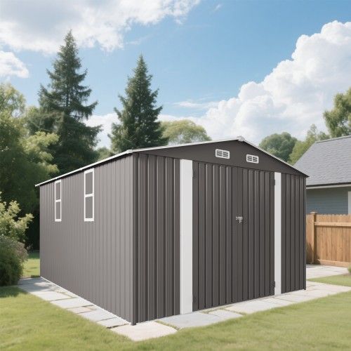 10x12FT Outdoor Storage Shed Large Metal Garden Shed with Double Door Two Window Waterproof Tool Shed for Backyard Patio Lawn Poolside ,Grey