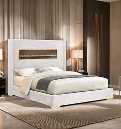 Ivory and gold fully slated bed frame faux fire place changes colors for ambiance brand new in box firm price Queen $560 King $580