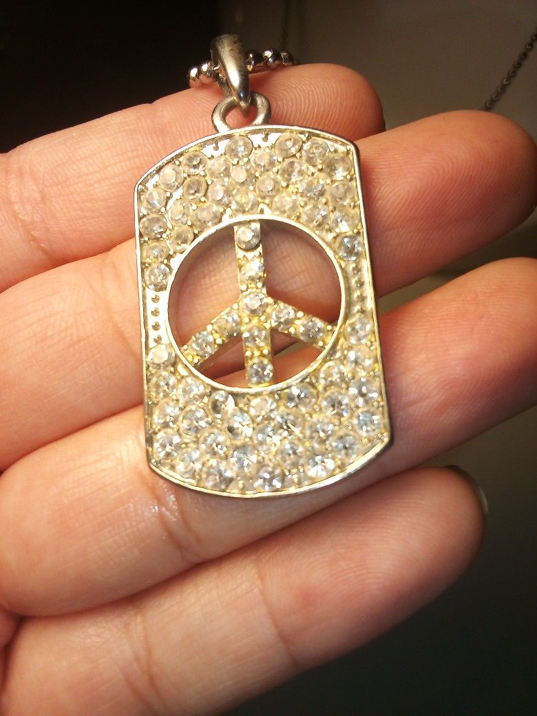 Bedazzled Silver Peace Sign Costume Jewelry Silver Color With Long Necklace Chevron Charm Solid
