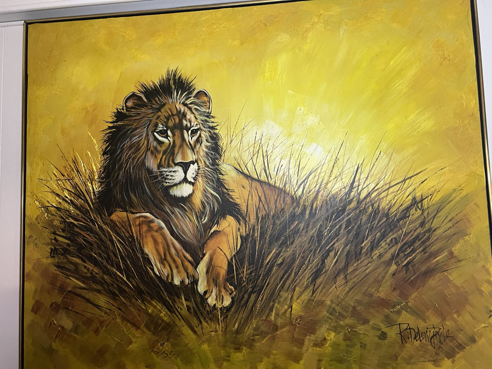 Large Lion In The Grass Painting On Canvas