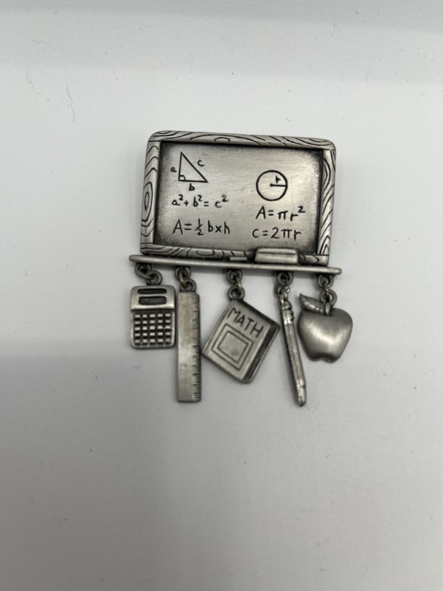 Vintage Pewter Brooch Chalk Board Math Teacher With Charms