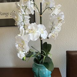 Large realistic faux orchid in ceramic pot – perfect home staging or office décor like new