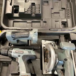 Altocraft cordless drill, circular saw, jig saw, 2) batteries 1) charging stand, case.