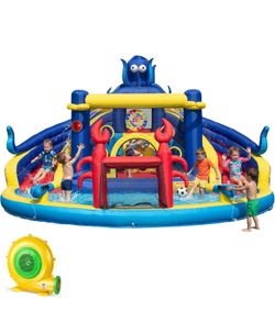 TOAOB Inflatable Water Slide for Kids 3-12: Blow Up Backyard Water Park with 550W Blower- 8 in 1 Octopus-Themed with 2 Slides for Outdoor Birthday Par