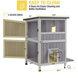 🥨Aivituvin-AIR14-1 Two Tier Wooden Cat House with Waterproof Roof, Door Flaps, Outdoor Feral Cat House 2-Story Cat Cottage, In the Box