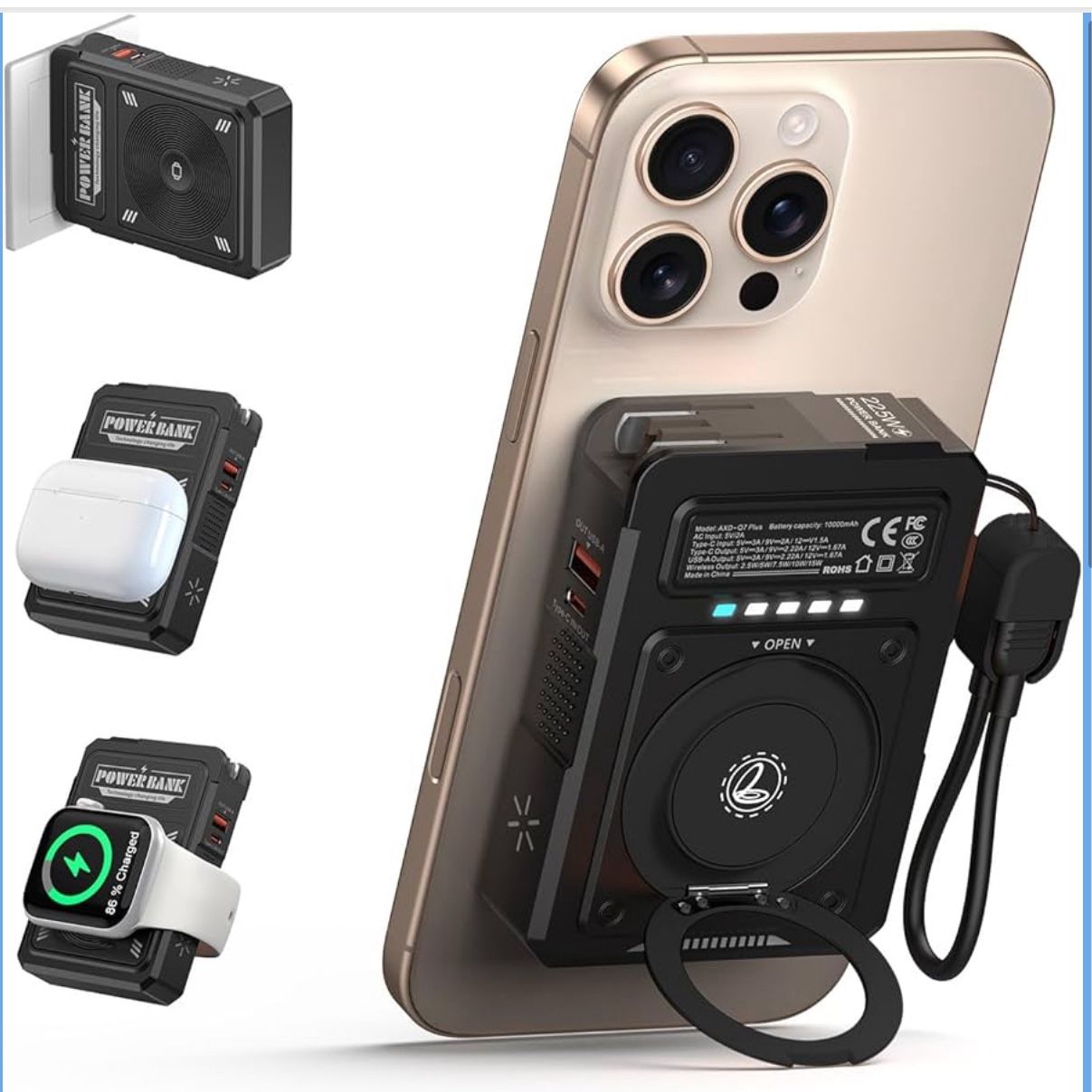 for Magsafe Battery Pack 10000mAh,5-in-1 Magnetic Power Bank Built in AC Plug,Magnetic Wireless Portable Charger for Apple Watch,22.5W Fast Charging