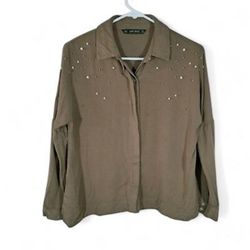Zara Blouse Top Size large Green 3/4 Sleeve Embellished Button Up Shirt