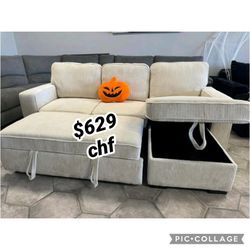 Black Friday Sale beige corduroy sectional sleeper sofa with storage chaise and pull out bed