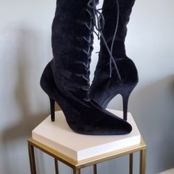 PLT Lace Up Velvet Heeled Point Toe Sock Boots 👢 