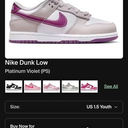 Nike Dunk Low
Platinum Violet (PS)
Used
Size 2y