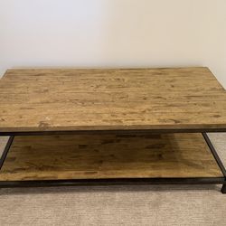 Rustic Wood Coffee Table w/ Shelf – Metal Frame