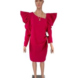 Pink asymmetrical shoulder long sleeve bodycon dress with puffy pleated sleeves