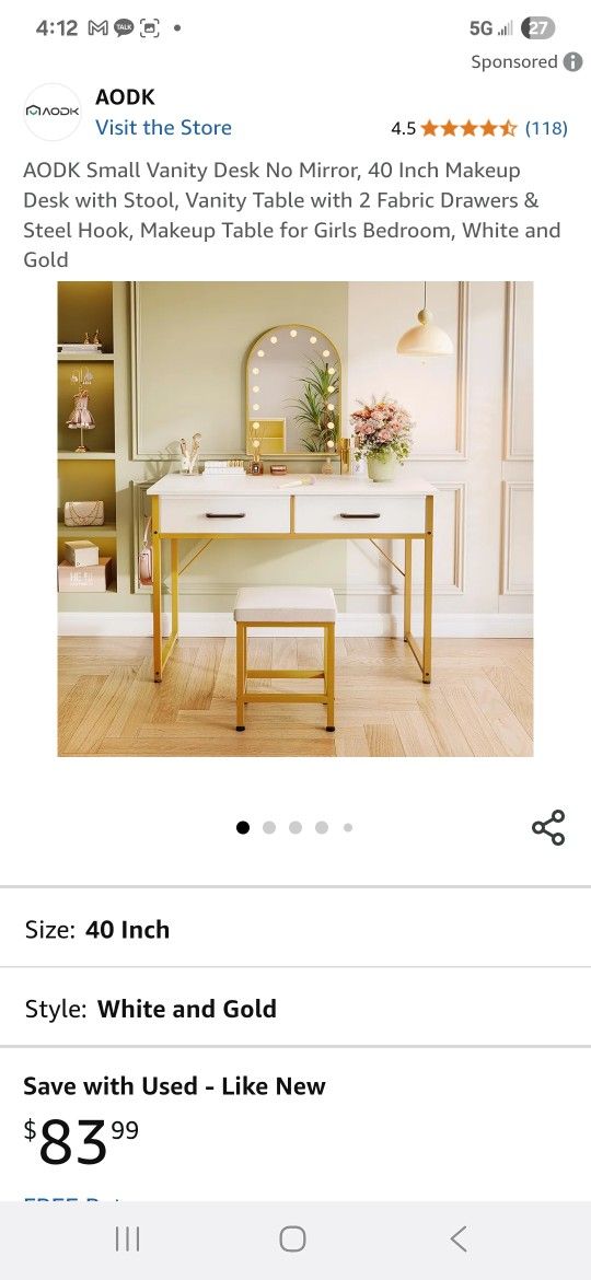 AODK Small Vanity Desk No Mirror, 40 Inch Makeup Desk with Stool, Vanity Table with 2 Fabric Drawers & Steel Hook, Makeup Table for Girls Bedroom, Whi