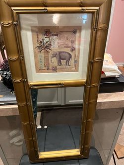 Gold Tone Resin Frame Mirror with Travel Elephant Decor