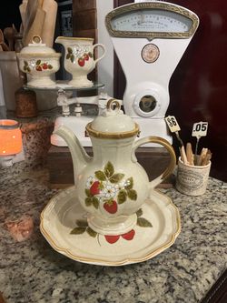 Vintage Ceramic Teapot with Matching Tray Mikasa Strawberry Festival 1970s