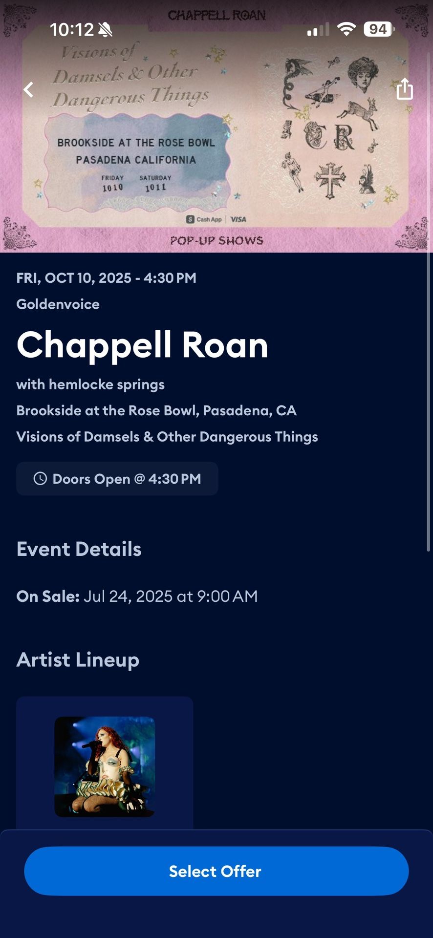 Chappell Roan GA Tix 10/10 Brookside @ the Rose Bowl