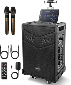 GTSK10-3 3-Way Portable Bluetooth PA Speaker System w/Wireless Mics – 10" Karaoke Speaker with Subwoofer, FM Radio, TWS, Rolling Wheels & Rechargeable